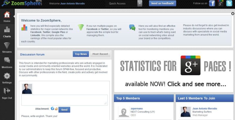 ZoomSphere: datos estadísticos de Facebook, Twitter y Google+