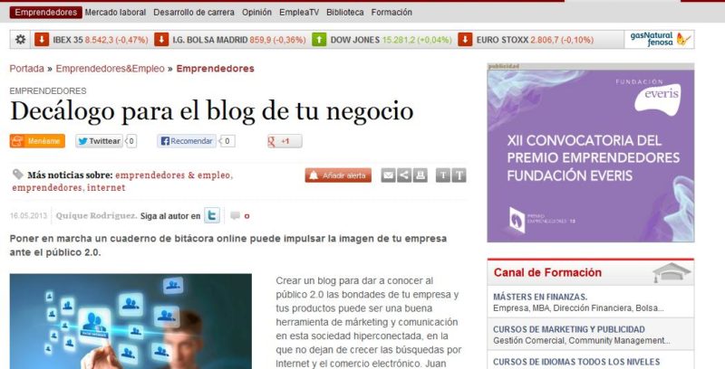 Artículo: “Decálogo para el blog de tu negocio"